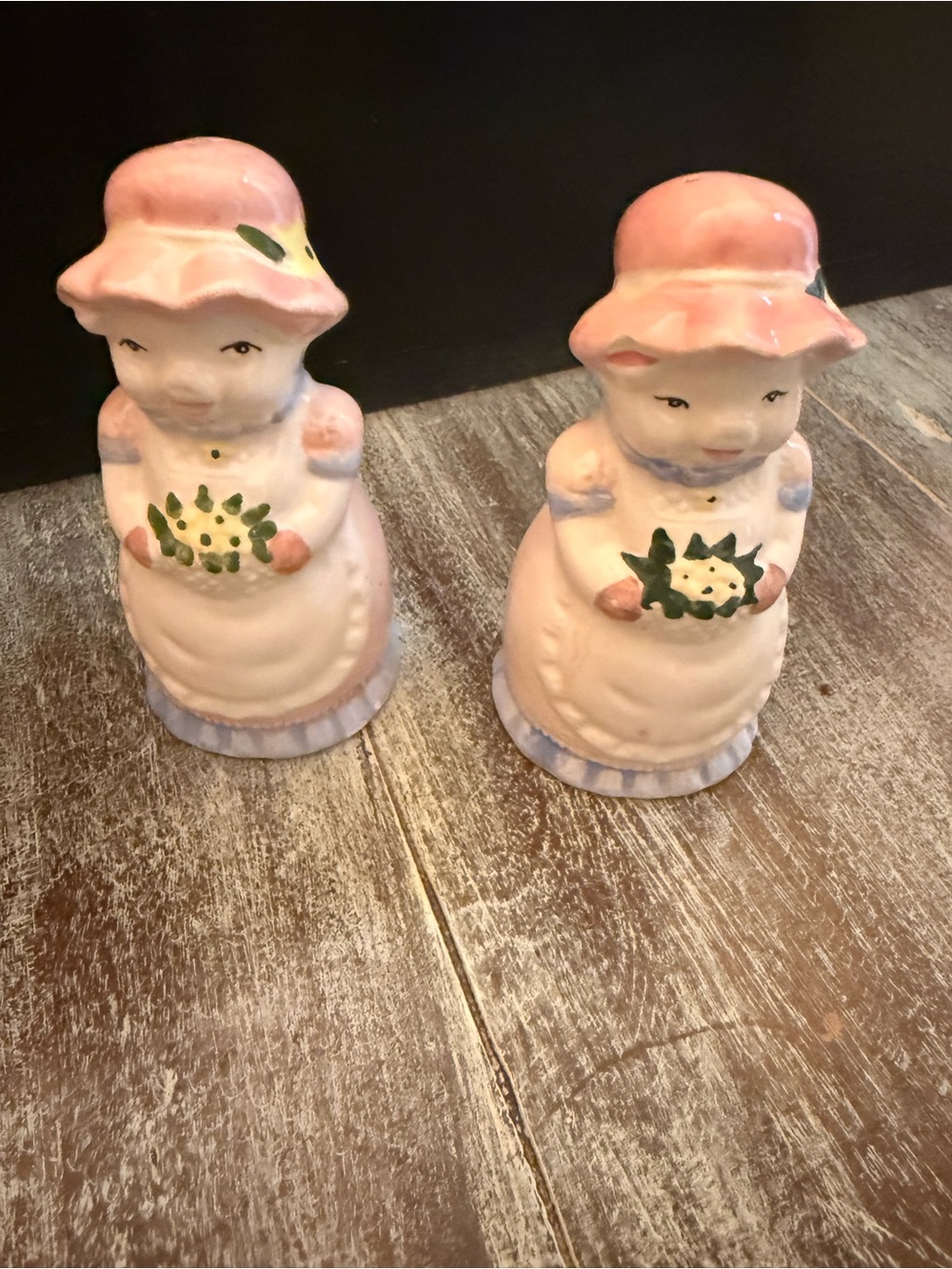 Vintage Pink Ceramic Girl Salt & Pepper Shakers - Pair